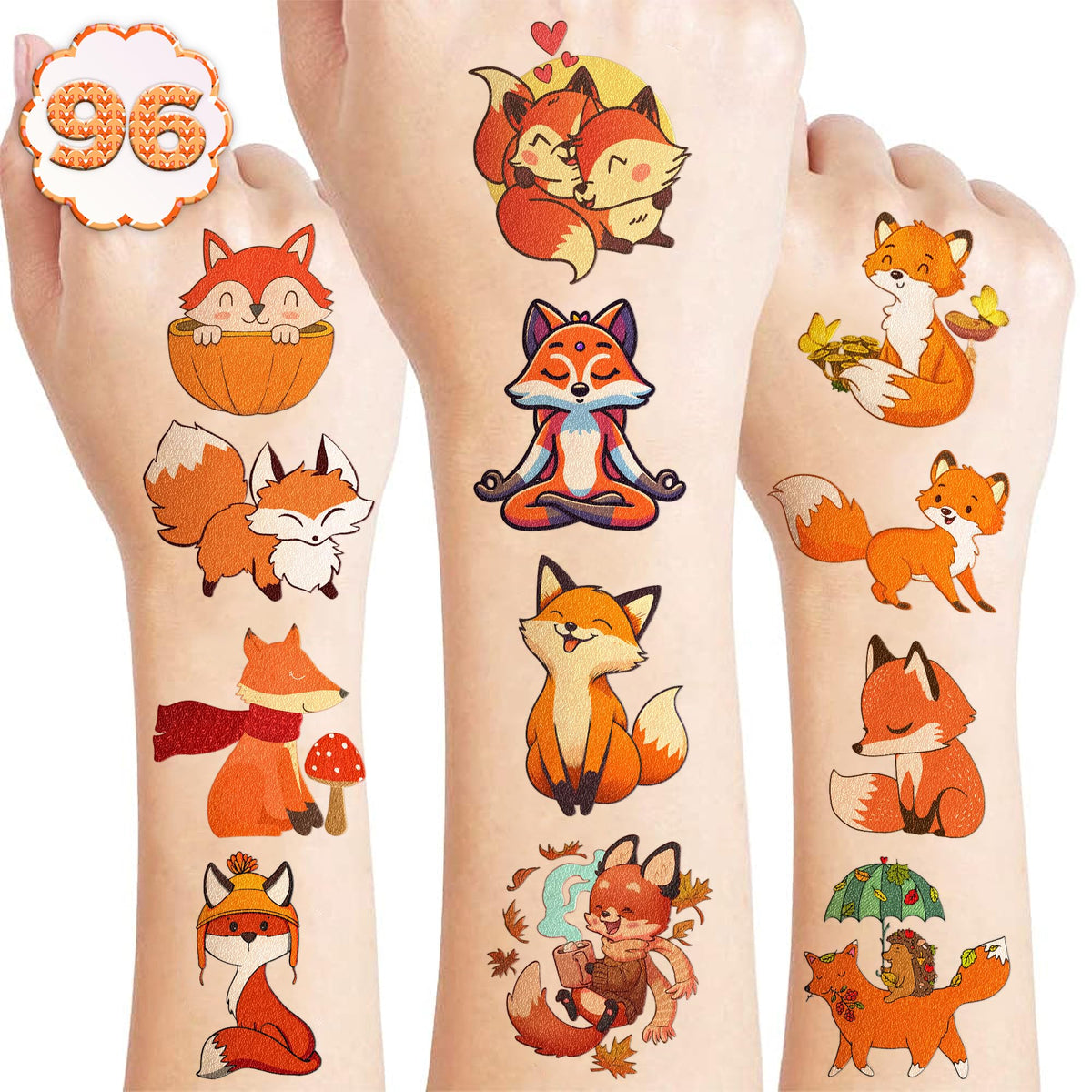 100PCS Fox Temporary Tattoos Stickers Theme Woodland Animals Birthday Party Decorations Favors Supplies Cute Farm Forest Foxes Fall Tattoo Sticker Gifts For Boys Girls School Prizes Carnival Christmas