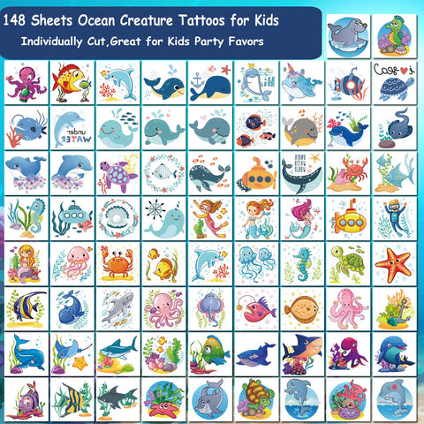 CHARLENT 148 PCS Ocean Animals Temporary Tattoos for Kids - Sea Creature Individual Tattoos for Boys Girls Ocean Birthday Party Favors Goodie Bag Fillers