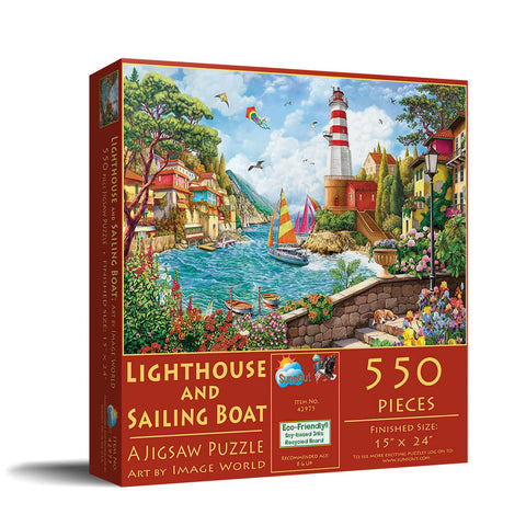 SUNSOUT INC - Lighthouse and Sailing Boat - 550 pc Jigsaw Puzzle by Artist: Image World - Finished Size 15" x 24" - MPN# 42975