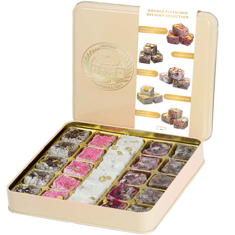 Double Roasted Pistachio Turkish Delight Lokum Dessert Gourmet Gift Box Tin, Luxurious selection of Strawberry, Pomegranate, Coconut and Pasha, 26 pieces, 500g, 18oz