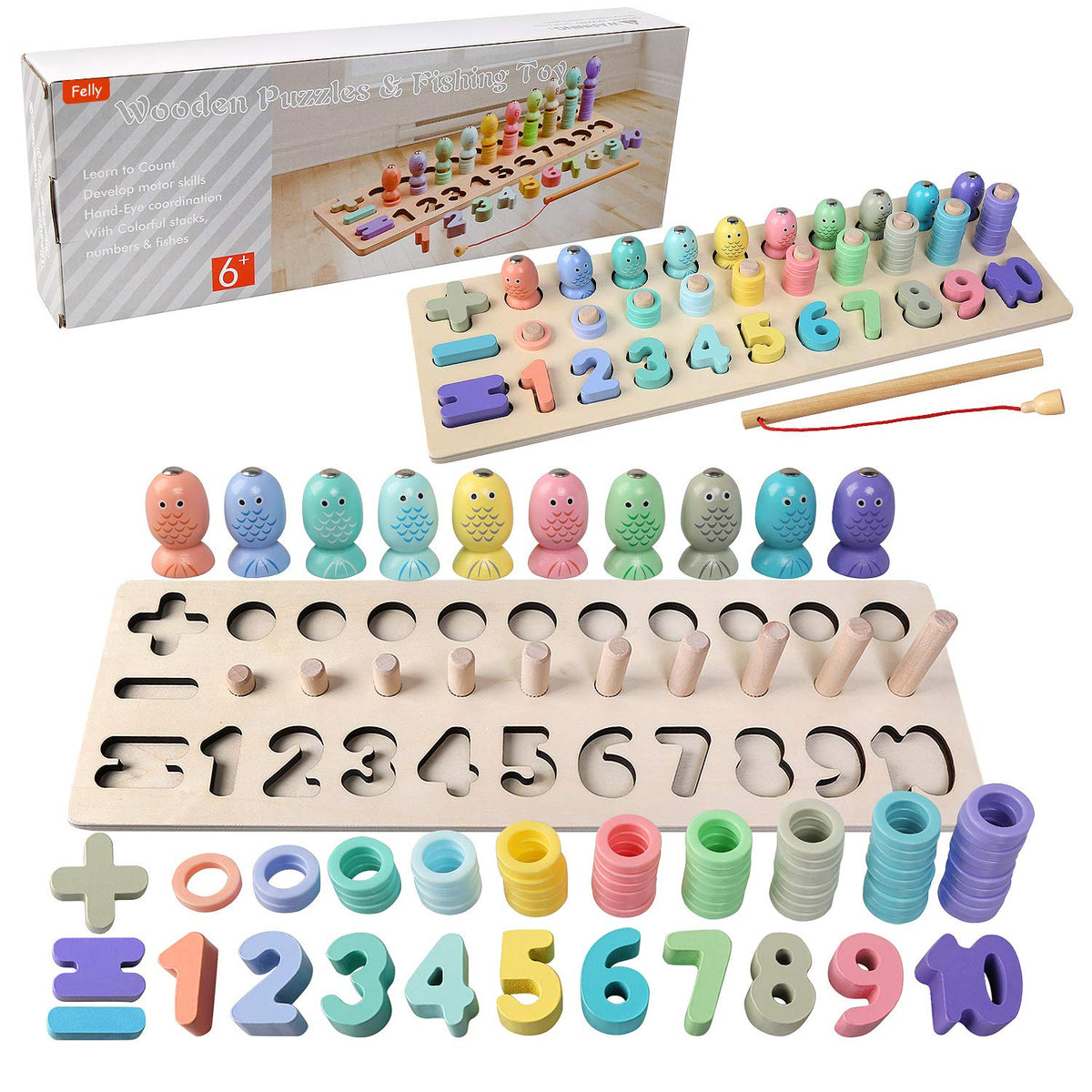 Felly Montessori Educational Counting Wood Blocks Puzzle Math Sorting Stacking Number Counting Board Fishing Pole Game Play Set Learning Toys for 3+ years Toddler Preschool Kids