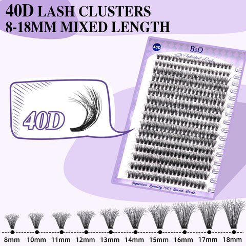 B&Q Lash Extensions Kit for Beginners 3D Eyelash Extension Kit 320pcs 40D Lash Clusters Kit 8-18 Mixed Lash Kit Fluffy Individual Lashes Kit with Lash Bond Seal Remover?Q40D-8-18MIX?