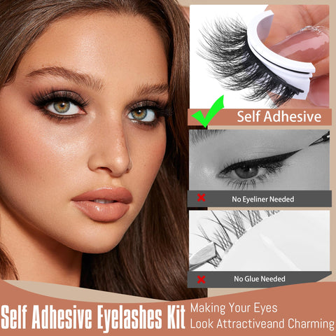 Geeneiya Mink Self Adhesive Eyelashes, Reusable Self Adhesive Lashes Natural Look, Wispy Press on Fake Eyelashes Fluffy Eye Lashes Pack, 4 Pairs Pre Glued False Eyelashes with Lash Tweezers