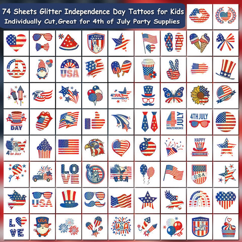 CHARLENT Glitter 4th of July Temporary Tattoos for Kids - 74 Individually Sheets Glitter American Flag Tattoos for Boys Girls Fourth of July Party Decorations and Independence Day Party Favors