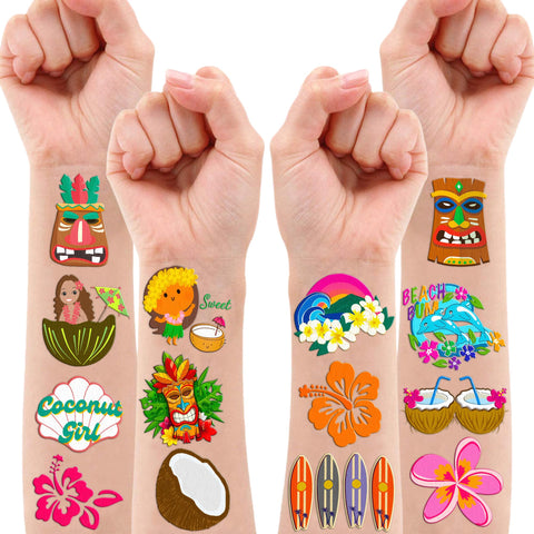 102PCS Hawaiian Coconut Girl Temporary Tattoos Theme Summer Tiki Birthday Party Decorations Supplies Favors Decor Tropical Beach Tattoo Stickers Gifts For Kids Adults Boys Girls School Prizes Carnival