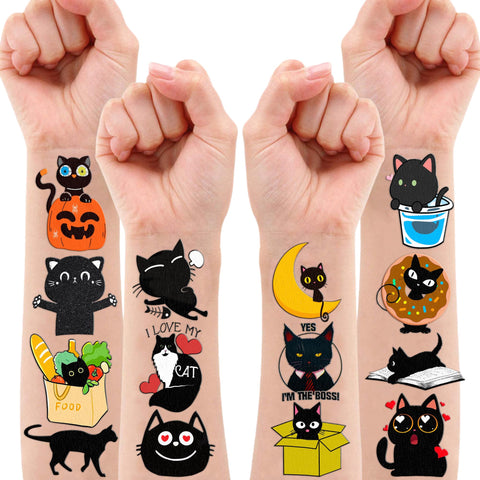 96 PCS Cute Black Cats Cat Temporary Tattoos Sticker Themed Birthday Party Decorations Supplies Favors Decor Funny Pet Meow Tattoo Sticker Gifts For Kids Girls Boys School Prizes Carnival Halloween