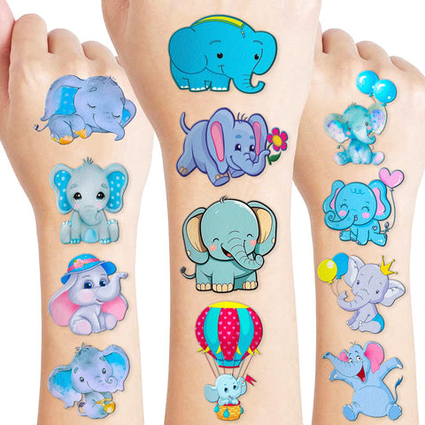 96 PCS Cute Temporary Tattoos Baby Elephant Tattoo Theme Shower 1st Birthday Party Decorations Supplies Favors Decor Funny Pink Blue Animal Stickers Gifts For Kids Girls Boys Classroom Prizes Carnival