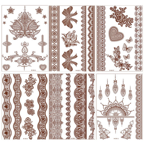 Brown Henna Temporary Tattoo Lace Fake Tattoos Semi Permanent Tattoo Stickers Waterproof Tattoo Markers for Skin Butterfly Stars Design Wedding Party Festival Tattoos Decorations Tattoo Supplies 6PCS