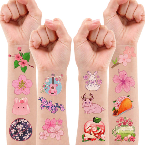 Cherry Blossom Temporary Tattoos (8 Sheets 80PCS) Flowers Party Decorations Supplies Favors Japanese Theme Birthday Cute Stickers Christmas Gifts for Boys Girls Class School Prizes Carnival