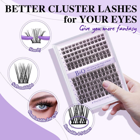 B&Q Lash Clusters B50 Clusters Lashes 144 PCS Eyelash Clusters D Curl 8-18 Individual Lashes Wispy Volume False Eyelashes Soft Lightweight DIY Eyelash Extension at Home (B62,D-8-18)