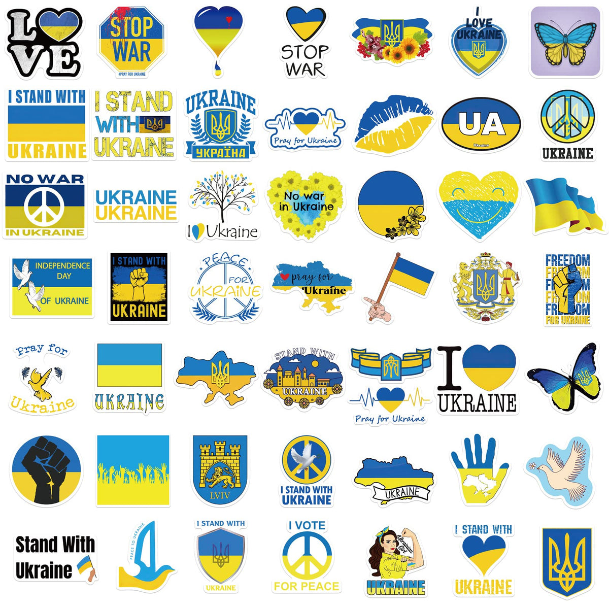 I Stand with Ukraine Sticker- 50Pcs Waterproof Ukraine Flag Sticker, Support Ukrainian Sticker Vinyl Decals for Car, Window, Bumper, Laptop, Skateboard,Bicycle,Water Bottles, Phone,Helmet