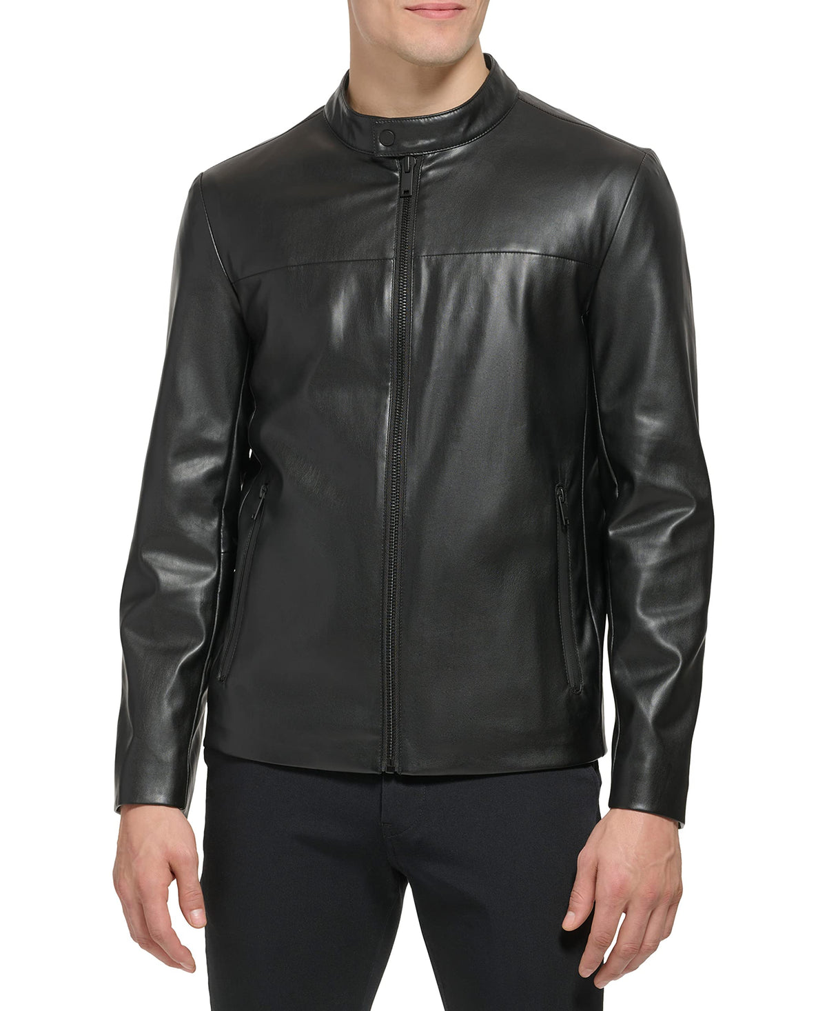 DKNY Men's Faux Laether Modern Racer Jacket, Black Smooth Lamb