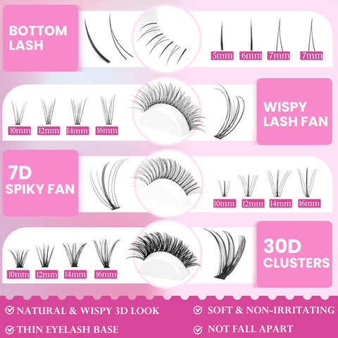 Geeneiya Lash Clusters Kit Individual Cluster Lash Extension Kit DIY Multi-type D Curl Eyelash Extension Kit with Bottom Lashes, Lash Bond and Seal Glue, Lash Applicator at Home (30D, 480PCS)