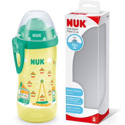 NUK First Choice+ Flexi Cup Drinking Bottle | from 12 Months | Leak-Proof with Straw | Clip and Protective Cap | BPA Free | 300 ml | Ferris Wheel (Yellow)