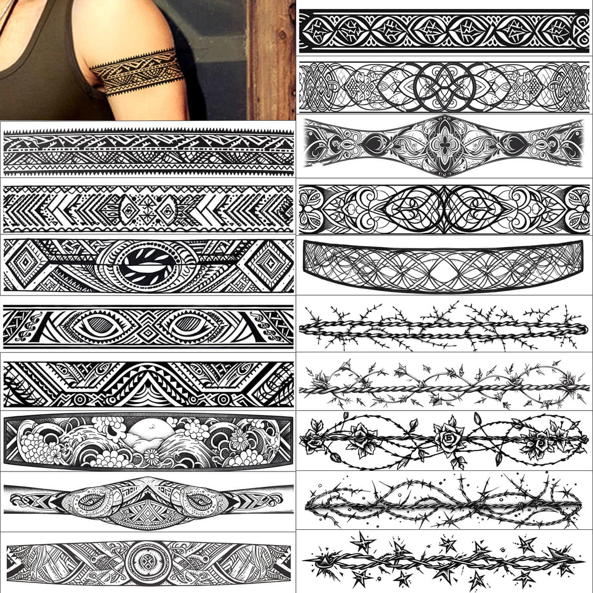 GLARYYEARS Barbed Wire Temporary Tattoo - 18 Pack Super Long size, Realistic & Boho Maori Style Fake Polynesian Tattoos, ArmBand for Wrist, Ankle, Arm Band Circle Tattoo Sticker, Tribal and Totem