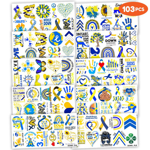 103 PCS Funny Down Syndrome Awareness Temporary Tattoos Stickers Theme Party Decorations Supplies Favors Decor Care Blue Yellow Ribbon Tattoo Sticker Gifts For Kids Boys Girls Class Prizes Carnival