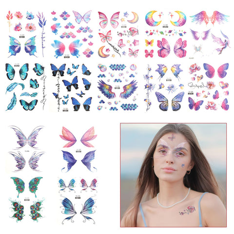 14 Sheets Temporary Tattoo, Glitter Butterfly Tattoos Waterproof Butterfly Face Tattoo Sticker Makeup Tattoos for Women Girls Festival Party Eye Face Makeup