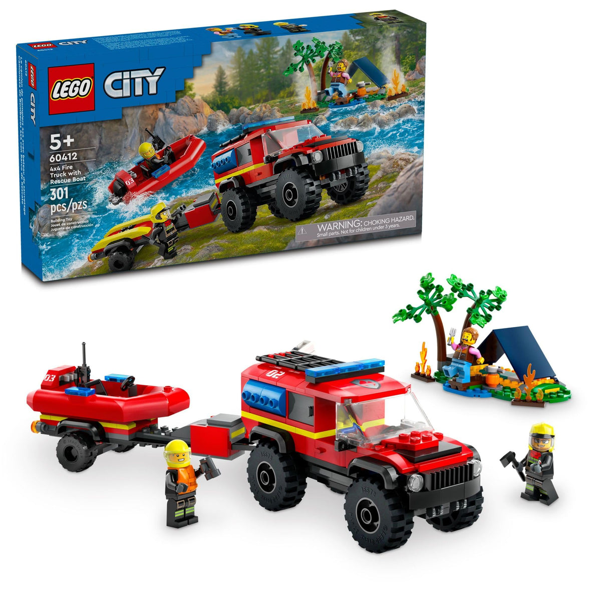 LEGO City 4x4 Fire Truck with Rescue Boat Toy for Kids Ages 5 and Up, Pretend Play Toy for Boys and Girls with a Truck Toy, Trailer, Dinghy and Tent, Plus 1 Camper and 2 Firefighter Minifigures, 60412