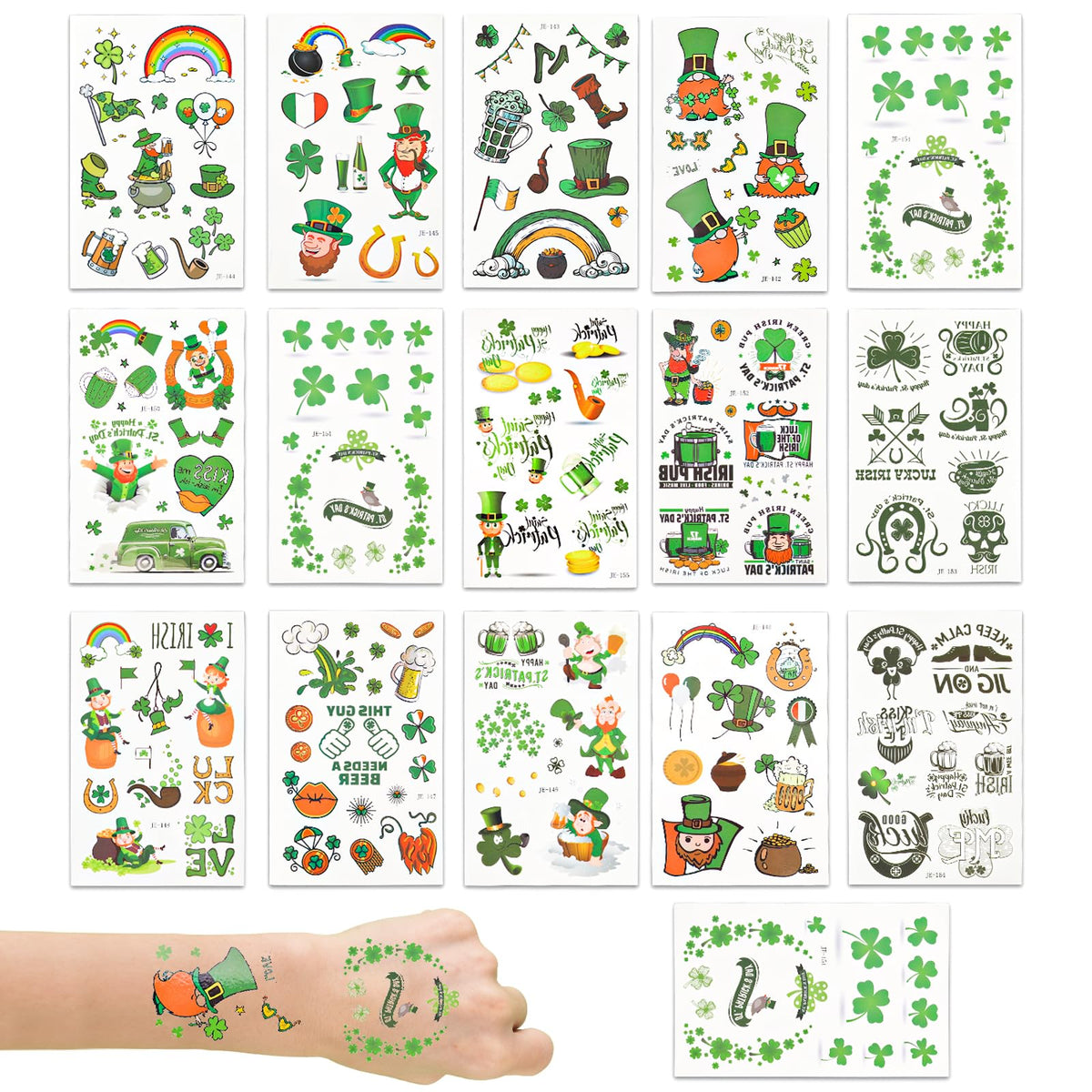 16 Sheets St. Patrick's Day Tattoos Stickers, 200 Patterns St Patricks Face Tattoos Shamrock/Clover Temporary Irish for Leprechaun Tattoos 4 Leaf Clover Tattoos for Kids Irish Parade Party Favors