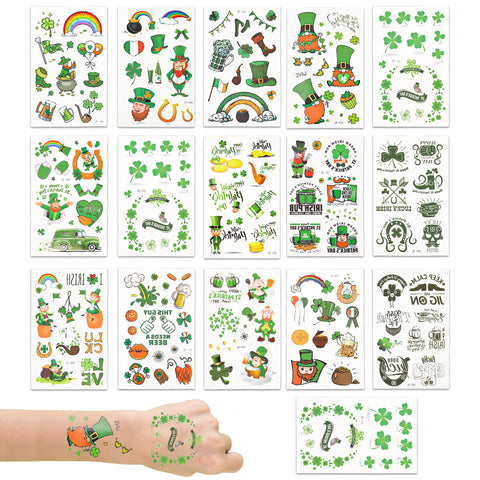 16 Sheets St. Patrick's Day Tattoos Stickers, 200 Patterns St Patricks Face Tattoos Shamrock/Clover Temporary Irish for Leprechaun Tattoos 4 Leaf Clover Tattoos for Kids Irish Parade Party Favors