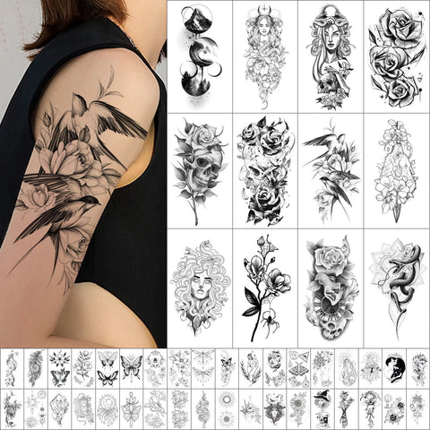 GLARYYEARS Temporary Tattoo for Women, 48-Pack Long-lasting Realistic Tattoos, 12 Large + 36 Small Fake Tattoo Sticker, Beautiful Bird Flower Designs for Girls Adults Men, Black Body Half Arm Tattoos