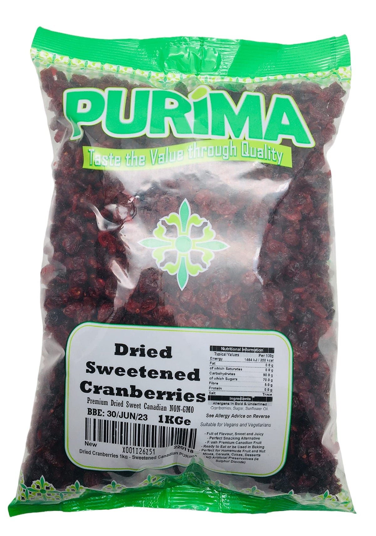 Dried Cranberries 1kg - Sweetened Cranberry with Added Sugar - Grown in USA or Canada - Premium Quality Bulk Dried Fruit for Baking Muffins Cakes Juice Sauce - Ready to Eat Snack - Vegan - PURIMA