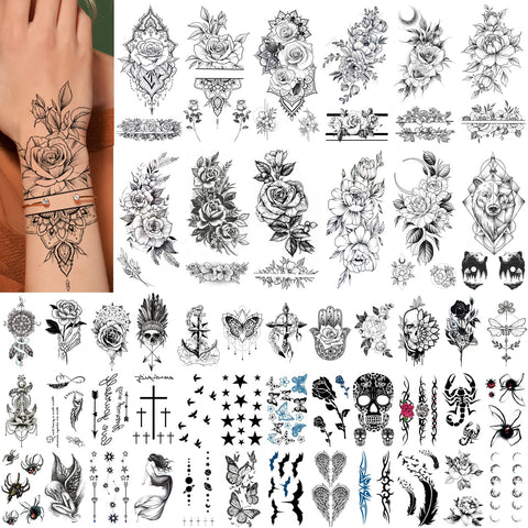 GLARYYEARS Floral Temporary Tattoo, 48-Pack Large + Small size Realistic Flower Tattoos, Mix Design Variety Pack Fake Tattoo Stickers for Women Girls Adults, Long-lasting Body Tattoos for Party