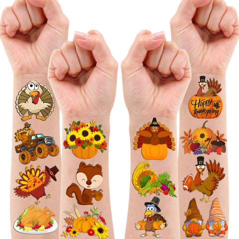 96PCS Happy Thanksgiving Temporary Tattoos Stickers Hello Fall Autumn Birthday Party Decorations Supplies Favors Decor Cute Pumpkin Leaf Turkey Tattoo Gifts For Kids Adults Boys Girls Prizes Holiday