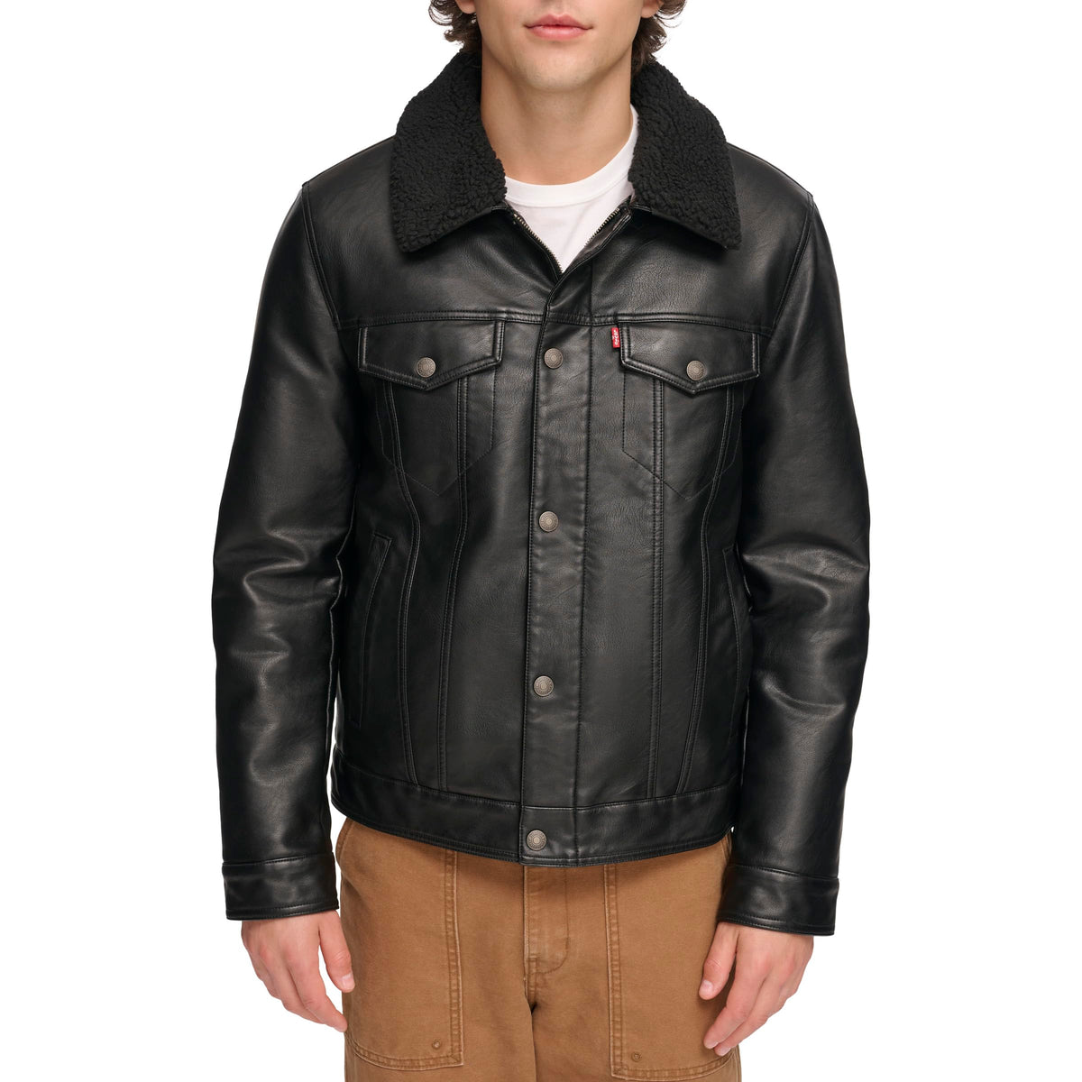 Levi's Men's Faux Leather Classic Trucker Jacket, Black W/Sherpa Collar, S