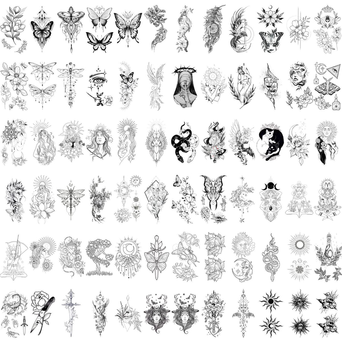 GLARYYEARS Temporary Tattoo, 72-Pack Black Tiny Small Fake Tattoo Sticker for Men Women, Flower Butterfly Snake Designs Realistic Tattoos on Hands Face Body Arm Neck Shoulder Clavicle Waterproof