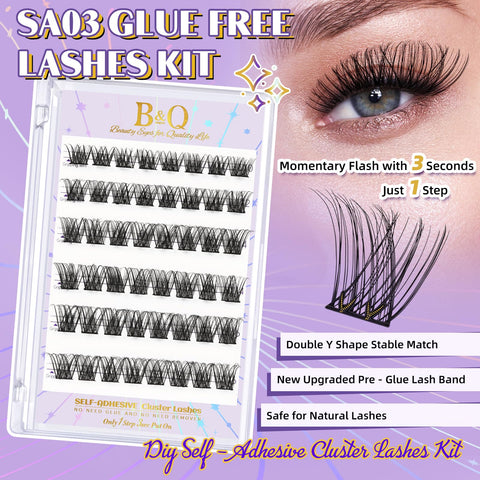 B&Q Self Adhesive Eyelashes 48 PCS Reusable Adhesive Eyelashes Pre-Glued Cluster Lashes D Curl No Glue Eyelashes 10-16mm with Lash Tweezers 1 Step DIY Lash Self Stick Easy to Apply (SA03-D,10-16mm)