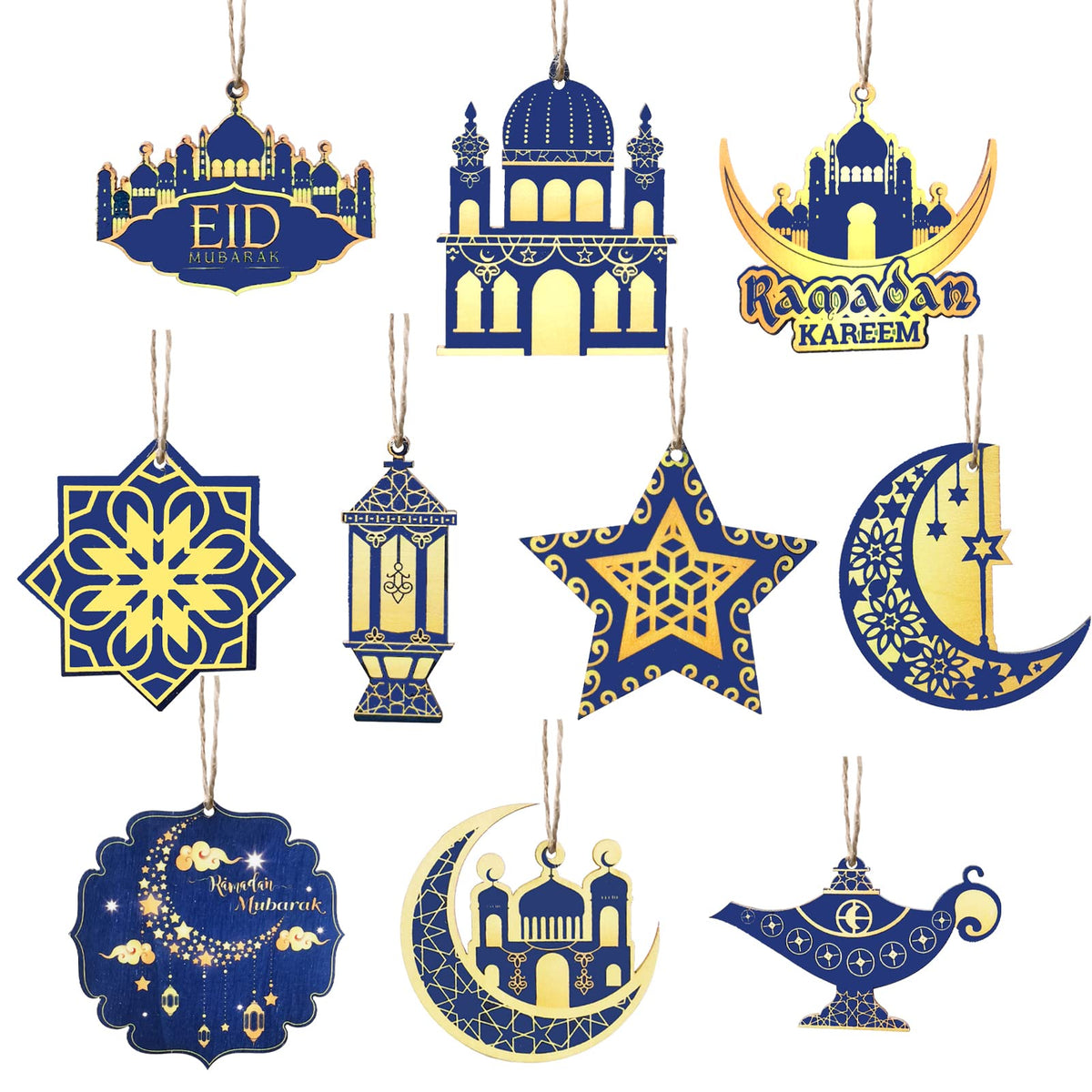 Ramadan Decorations, 20Pcs Wooden Pendant Eid Ramadan Decorations for Home, Ramadan Eid Mubarak Hanging Moon Star Wind Light Castle Shape Ornament Eid Al Adha Decorations