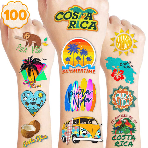 100PCS Costa Rica Pura Vida Temporary Tattoos Stickers Theme Travel Birthday Party Decorations Favors Supplies Summer Tropical Beach Tattoo Sticker Gifts For Boys Girls School Rewards Prizes Carnival