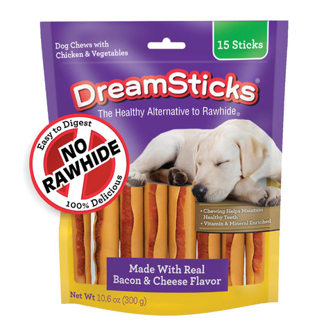 DreamBone DreamSticks with Real Bacon and Cheese Flavor, Rawhide Free Dog Chew Sticks 15 Sticks