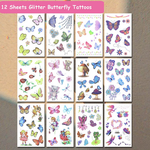 CHARLENT 24 Sheets Glitter Butterfly & Mermaid Tattoos for Girls - 240 Pcs Glitter Butterfly Mermaid Temporary Tattoos for Girls Birthday Party Favors Goodie Bag Fillers