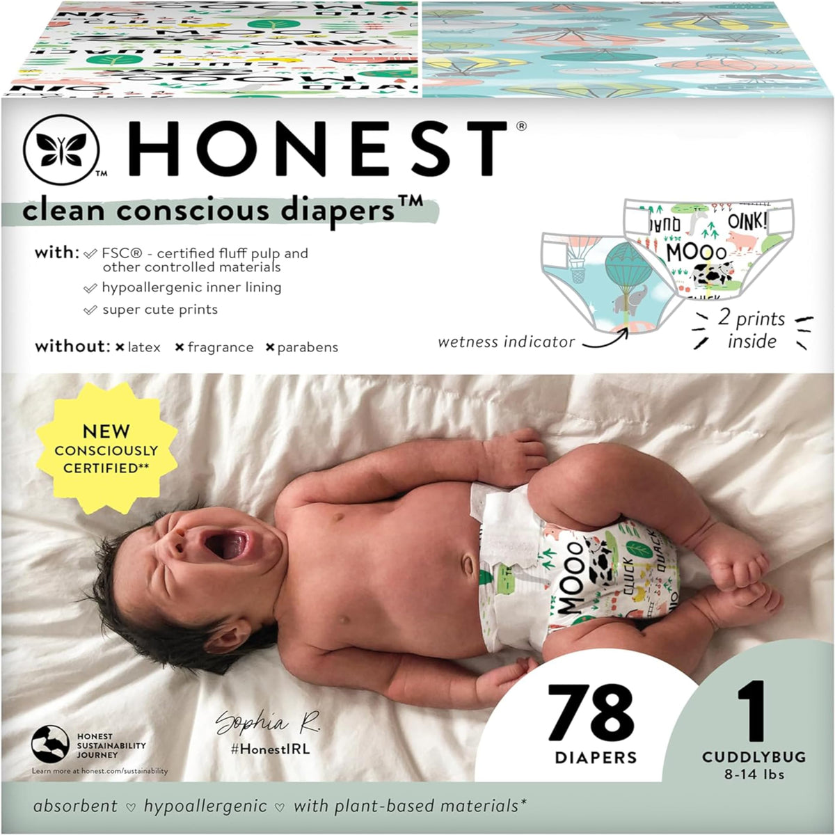 The Honest Company Clean Conscious Diapers | Plant-Based, Sustainable | Above It All + Barnyard Babies | Club Box, Size 1 (8-14 lbs), 78 Count