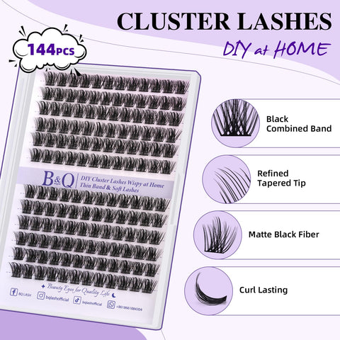 B&Q Lash Clusters B62 Clusters Lashes 144 PCS Eyelash Clusters D Curl 16mm Individual Lashes Wispy Volume False Eyelashes Soft Lightweight DIY Eyelash Extension at Home (B62,D-16mm)