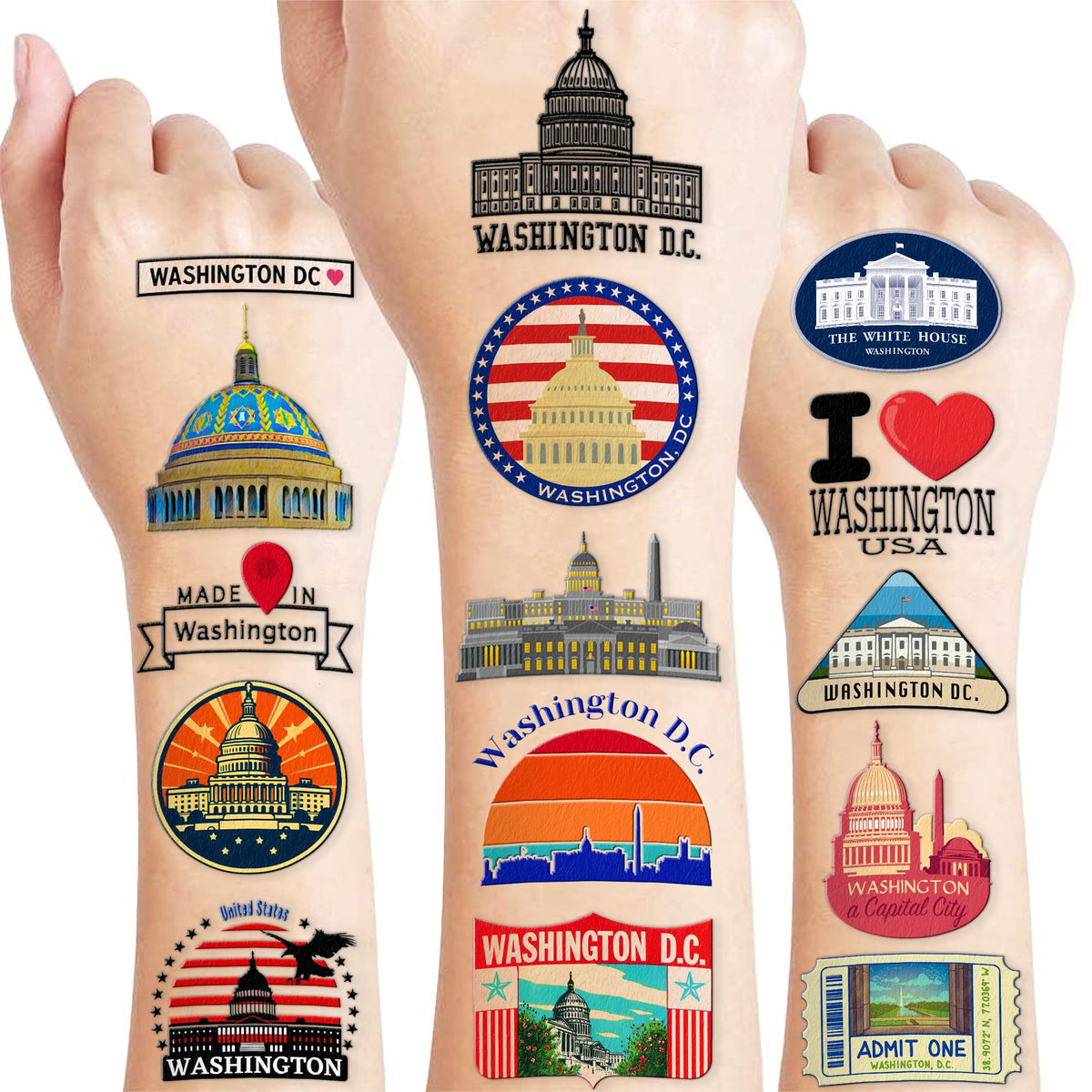 103 PCS Love Washington USA Capital City Temporary Tattoos Stickers Themed Birthday Party Decorations Favors Supplies Decor Skyline Tattoo Sticker Cute Gifts for Kids Boys Girls Class Prizes Carnival