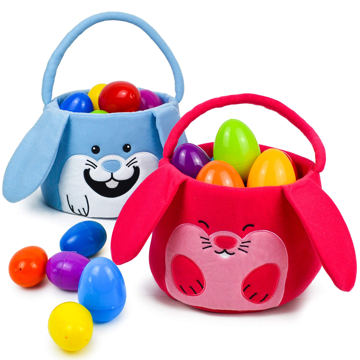 JOYIN 2 Packs Bunny Plush Basket Set for Easter Eggs Hunt, Gift Bags, Kids Party Favor (Blue, Pink)