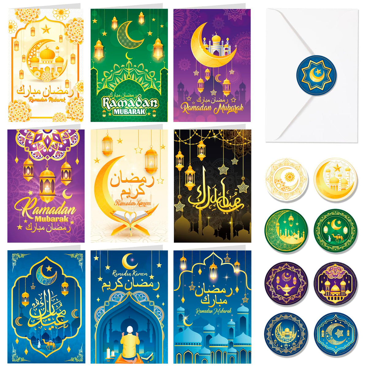 DPKOW 18pcs Ramadan Mubarak Greeting Cards with Envelopes Stickers, ????? ????? Ramadan Kareem Cards Gifts for Ramadan Supplies, Arabic Blessings Cards Ramadan Islamic Holiday Cards