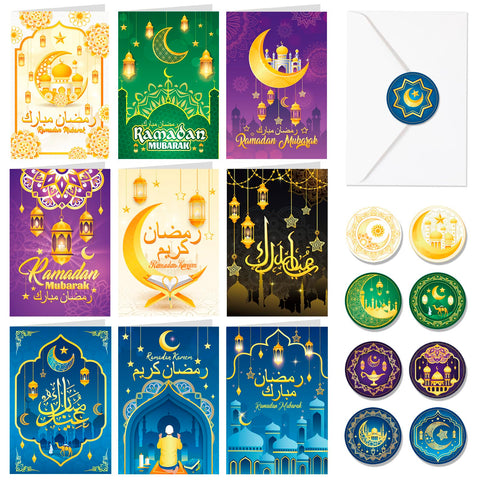 DPKOW 18pcs Ramadan Mubarak Greeting Cards with Envelopes Stickers, ????? ????? Ramadan Kareem Cards Gifts for Ramadan Supplies, Arabic Blessings Cards Ramadan Islamic Holiday Cards