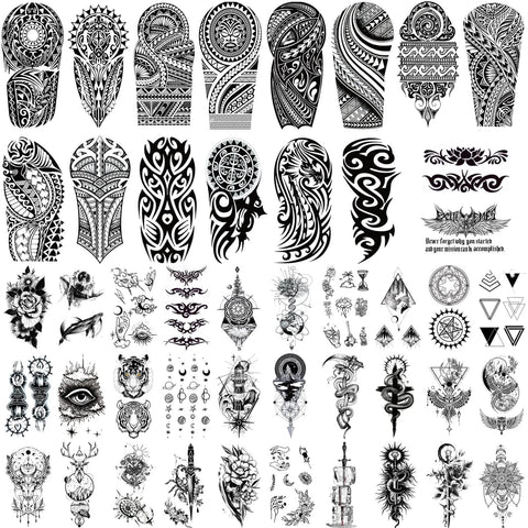 GLARYYEARS Maori Temporary Tattoo for Men Adults, 46-Pack Large Small size Realistic Tattoos, Totem Tribal Tiki Turtle Manta Fake Tattoo Stickers, Long-lasting Cool Black Body Half Arm Tattoos