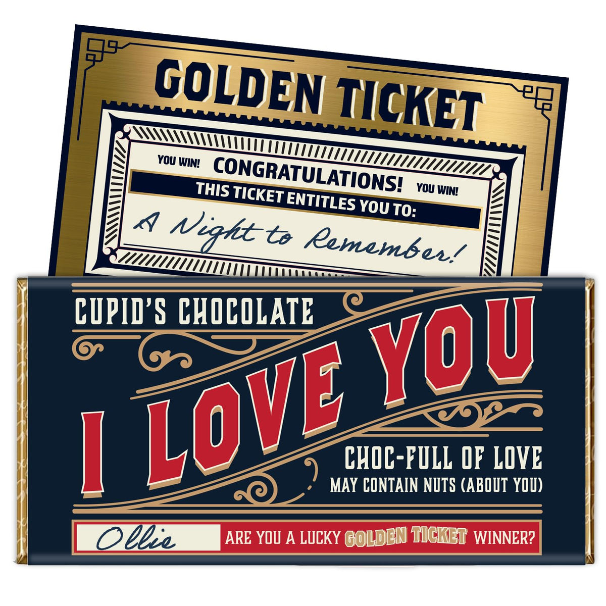 'I Love You' Valentines Chocolate Bar Wrapper & Golden Ticket Gift (Chocolate not included) - Romantic, Anniversary, Valentines Gifts for Him & Her, Chocolate Gifts, Birthday Gifts, Galentine