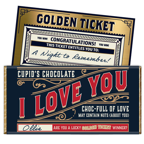 'I Love You' Valentines Chocolate Bar Wrapper & Golden Ticket Gift (Chocolate not included) - Romantic, Anniversary, Valentines Gifts for Him & Her, Chocolate Gifts, Birthday Gifts, Galentine