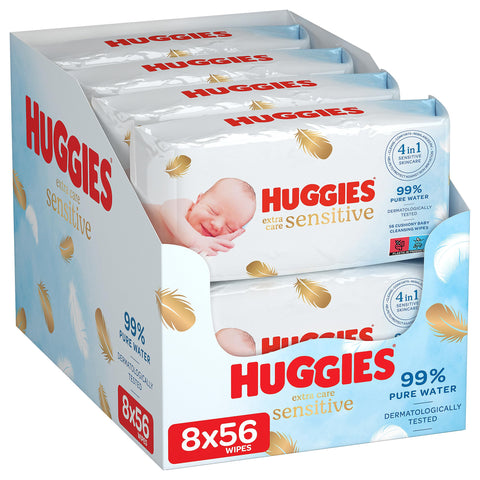 Huggies Pure Extra Care, Baby Wipes - 8 Packs (448 Wipes Total) - Fragrance Free Wet Wipes for Sensitive Skin - 99 Percent Pure Water with Natural Fibres