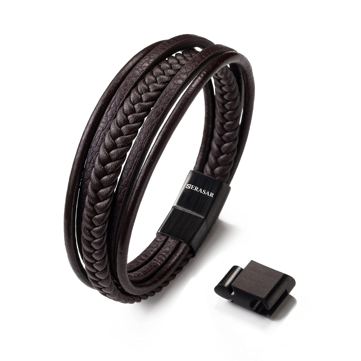 SERASAR Mens Genuine Leather Bracelet 17cm Brown Bracelet Gift-Box Cowhide Braided Ornament Adjust-Able Magnetic-Clasp Multi-Layer Wrap Armlet Man Male Wrist Band Jewelry Accessories