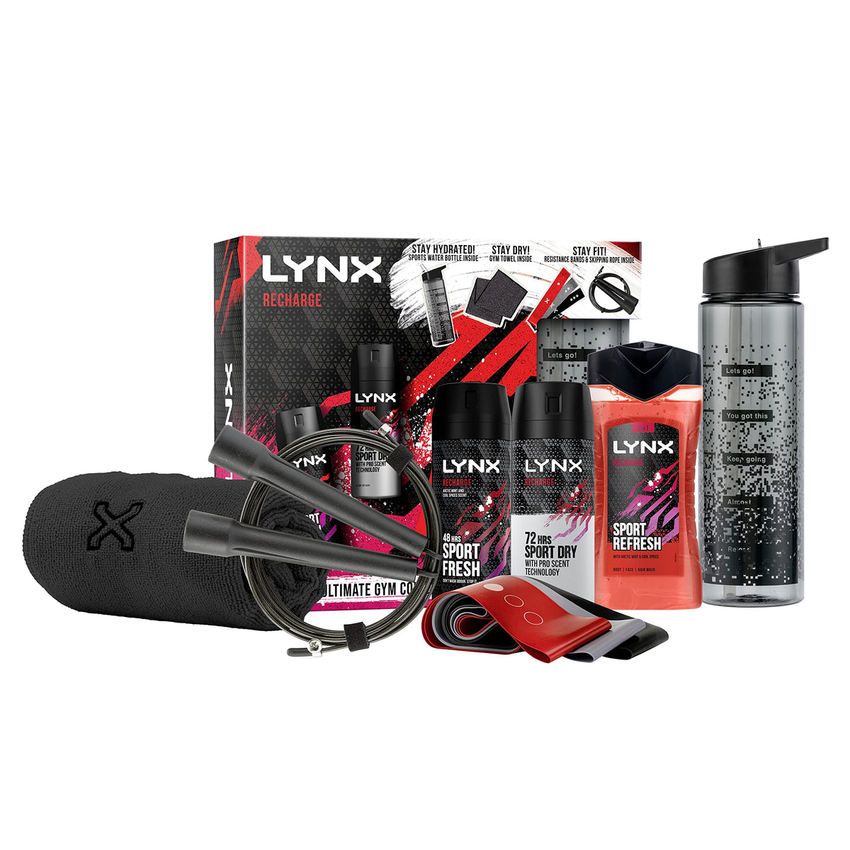 LYNX Recharge Sport Fresh Ultimate Gym Equipment Collection with Resistance Bands Skipping Rope Water Bottle and Gym Towel Gift Set Festive gifts for Men Piece of 3