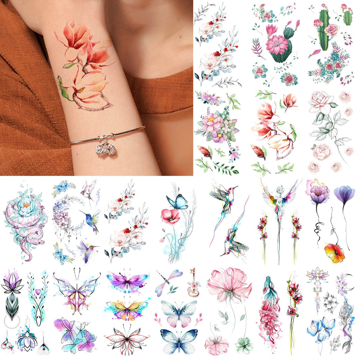 20 Sheets Small Flower Floral Animals Temporary Tattoo, Hands Face Tatoo Sticker for Men Women, Snake Birds Semitransparent Designs Body Art on Arm Neck Shoulder Clavicle Waterproof