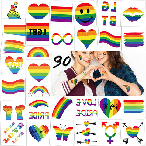 Konsait 30 Sheets Rainbow Temporary Tattoos, Rainbow Flag Heart Tattoos Waterproof Body Art Sticker for Girls Boys Party Favors Pride Equality Parades Celebrations