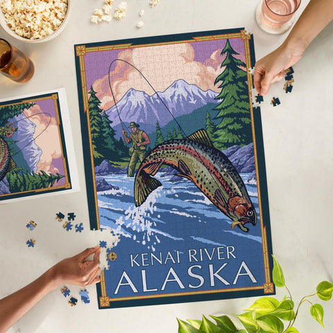 Kenai River, Alaska, Angler Fly Fishing Scene (Leaping Trout) (1000 Piece Puzzle, Challenging Jigsaw Puzzle for Adults, Made in USA)